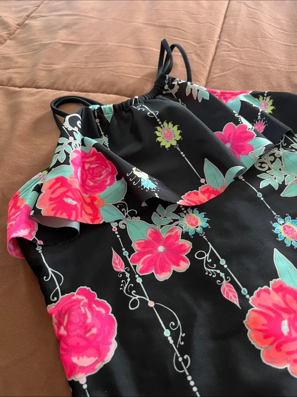 wonder nation Black One-Piece Swimsuit with Pink Floral & Mint Accents